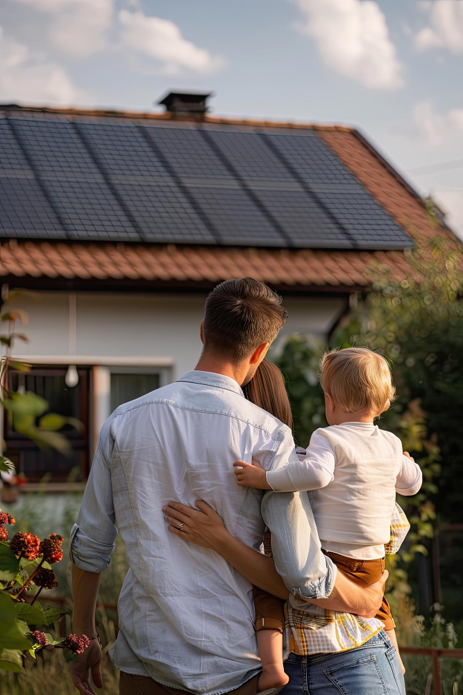 familie vor haus mit photovoltaikanlage auf dem dach